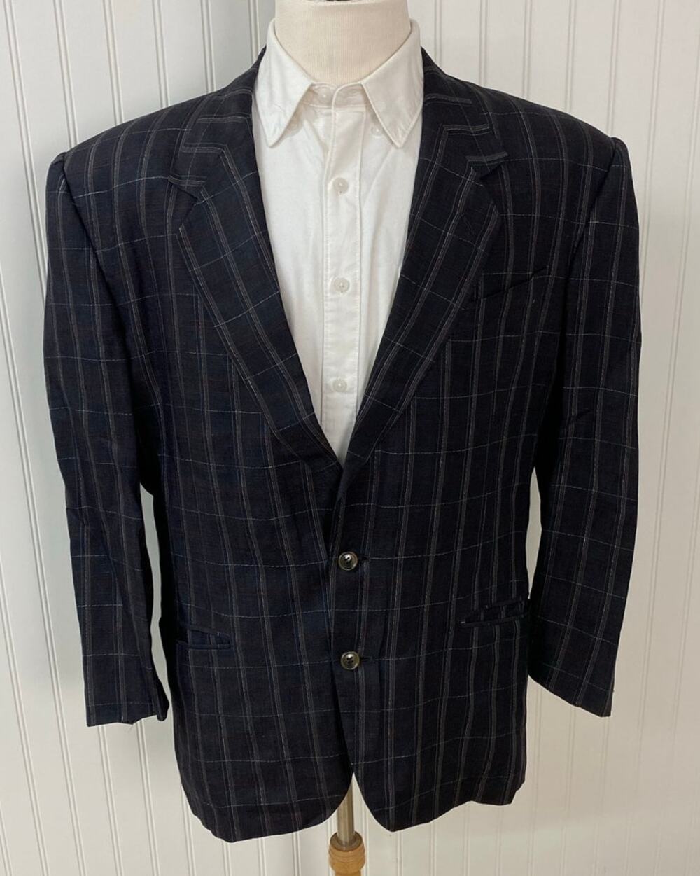 VTG Men Missoni Uomo Italy plaid check 2-button 100% linen suit jacket blazer 42